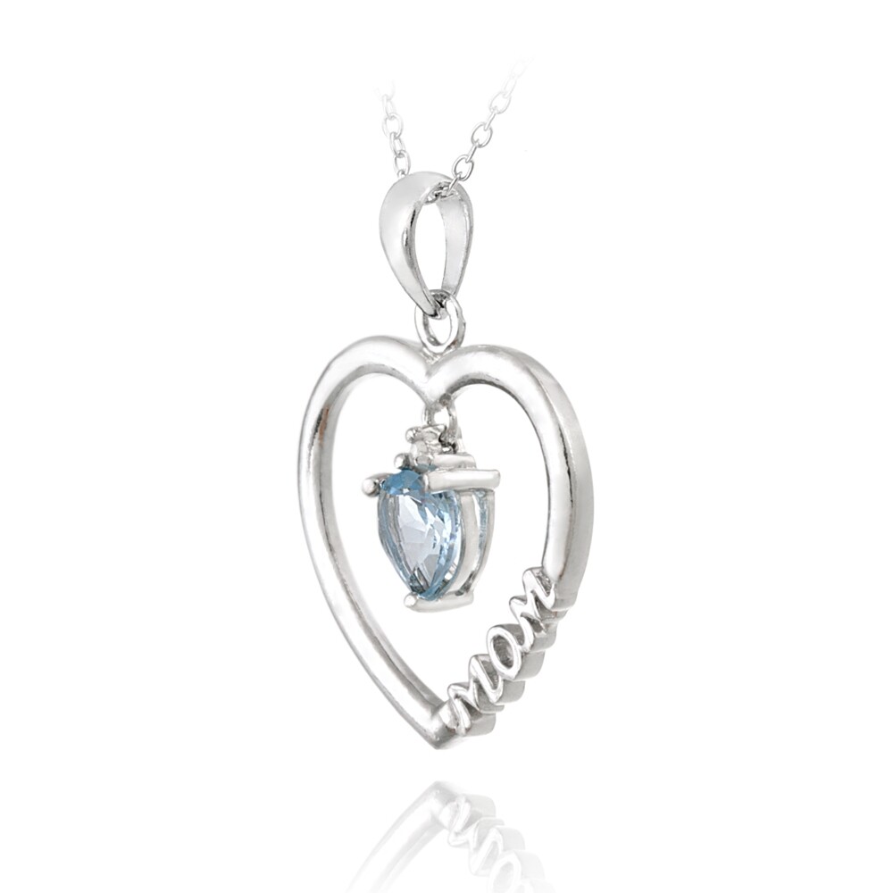 925 Silver Dangling .90ct Blue Topaz & Diamond Accent “Mom” Open Heart Necklace,