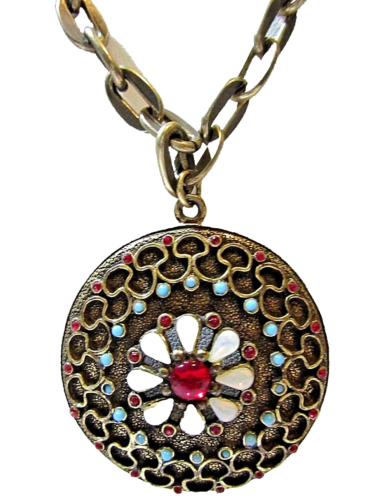 Fancy Pendant w White Blue and Red Stones Bronze Tone Vintage