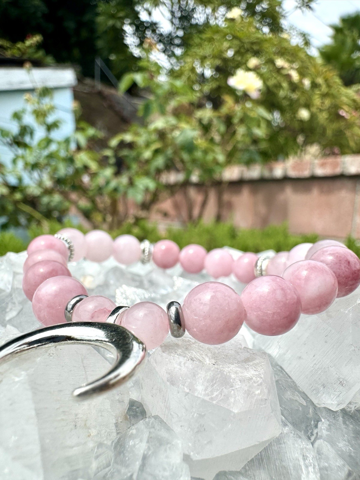 High Quality Kunzite And Rose Quartz Bracelet With Silver Plated Crescent Moon