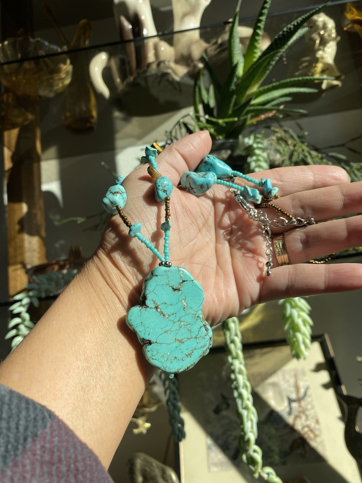 Necklace Pendant Turquoise Stone Like Beaded 25” Boho Statement