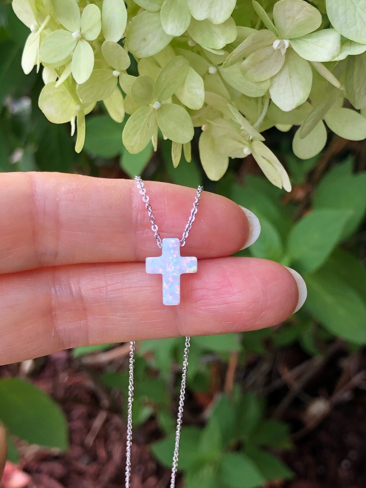 White Opal Cross Necklace 925 Sterling Silver Womens Girls 12mm 17.75″ Simulated