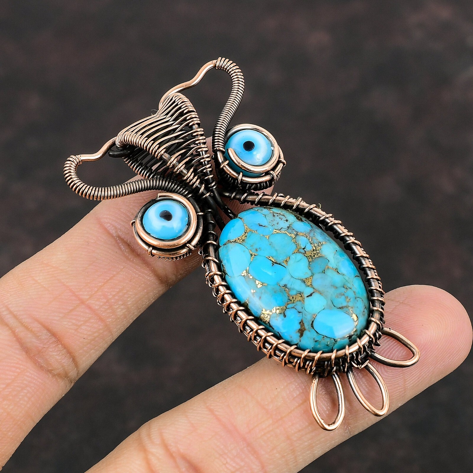 Valentines Sale Oval Copper Blue Turquoise Stone Copper Wire Wrapped Owl Pendant
