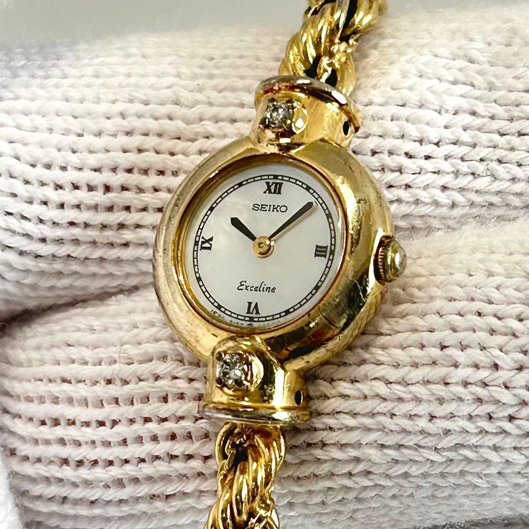 SEIKO EXCELINE 1E20-0690 Shell 2 Diamond Gold 17mm Running Japan
