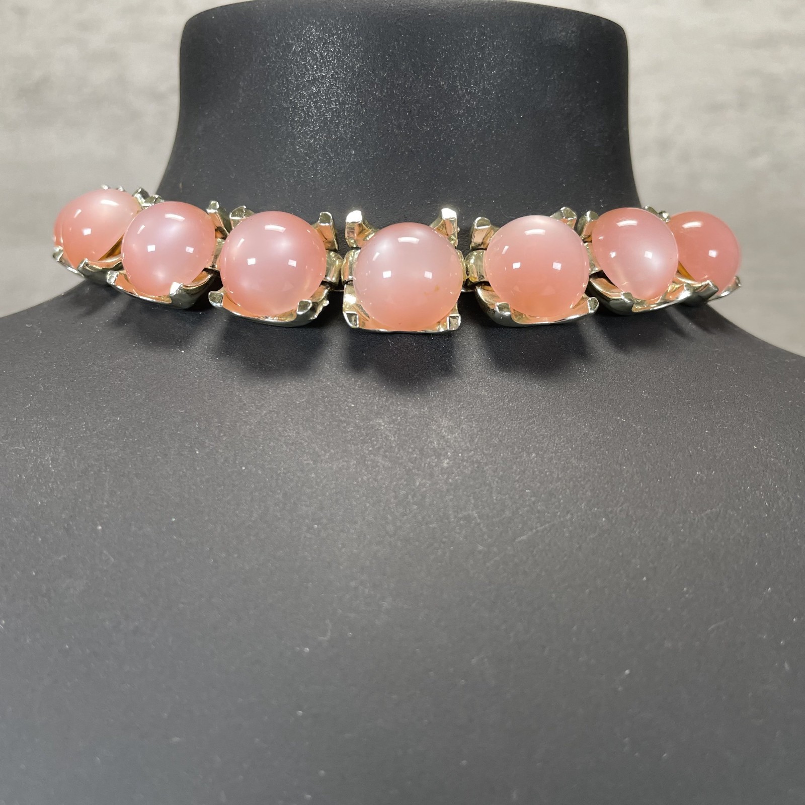 Vintage Coro Pink Moonglow Thermoset Chocker Necklace Silver Gold Tone MCM 12″