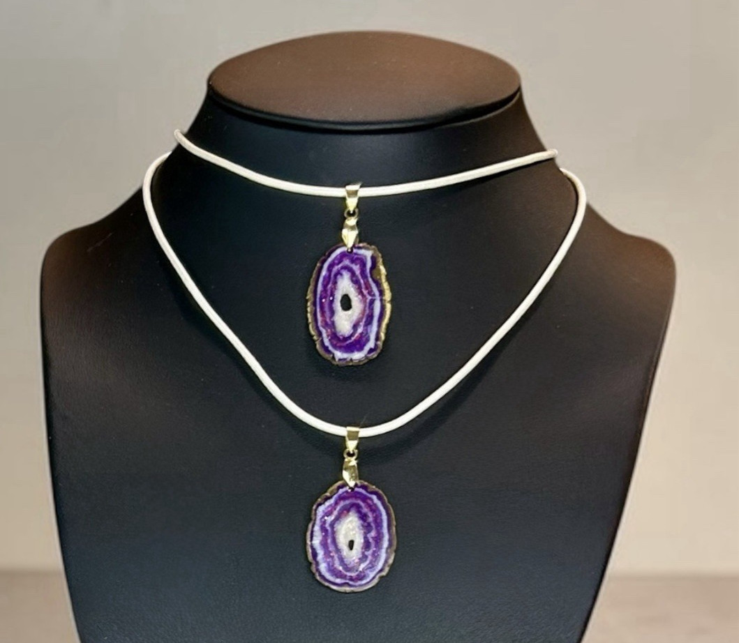 Sm Faux Amethyst Geode Slice Polymer Clay Handmade Pendant Necklace SS Clasp