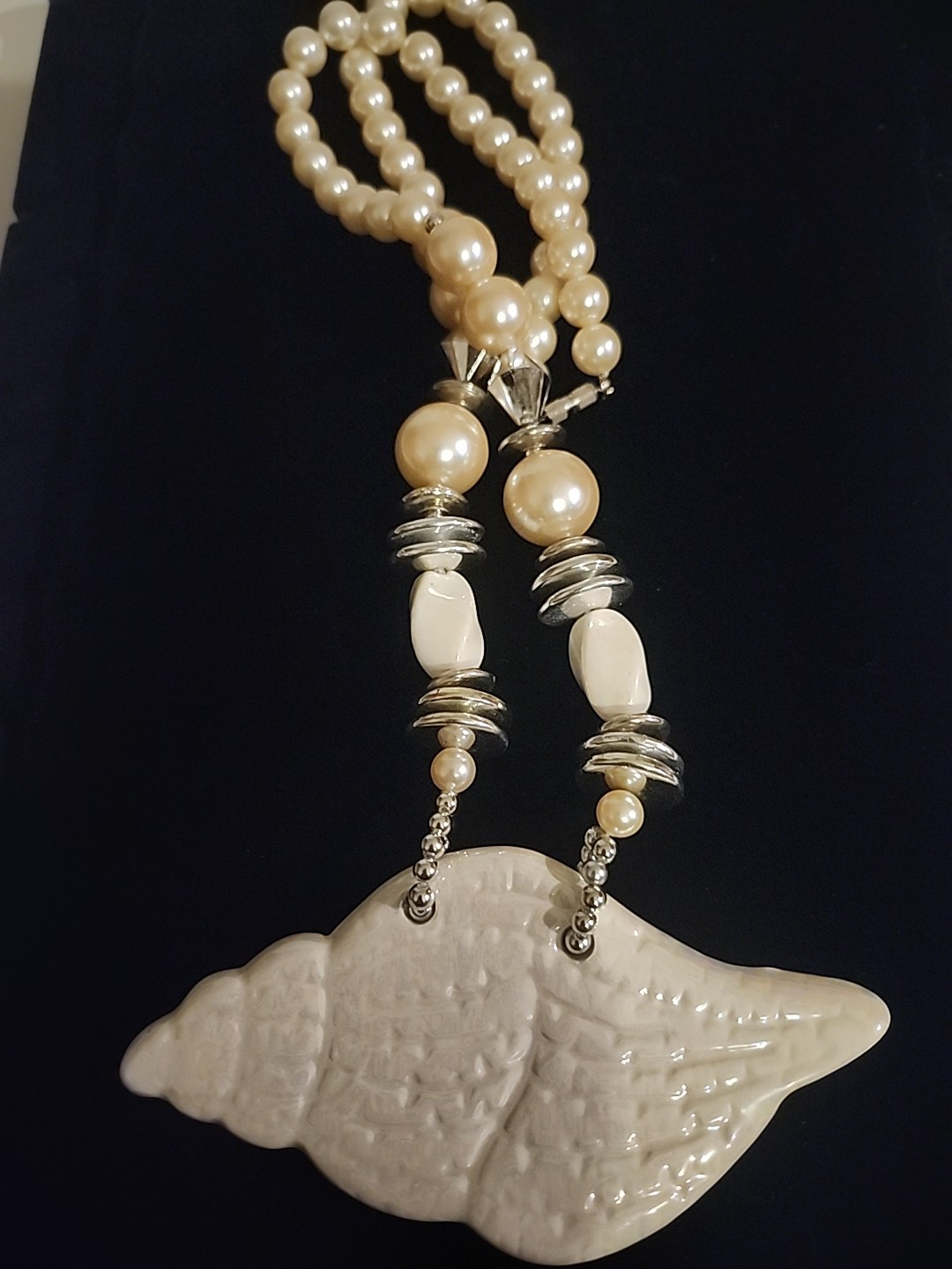 Iridescent SHell Pearl Necklace Silver Long 24 inch Statement Piece