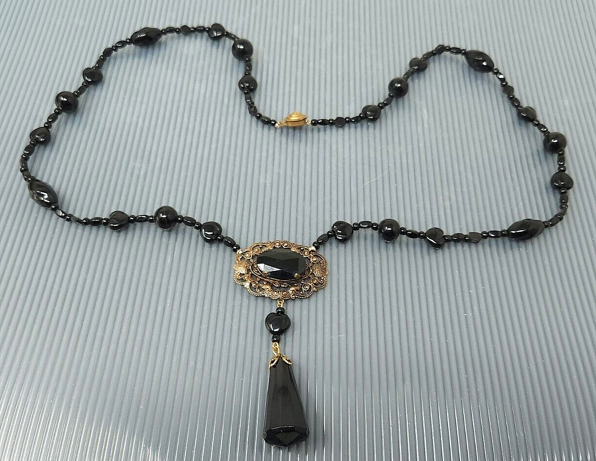 Vintage Victorian Mourning French Jet Glass Black Dangle Necklace 28″