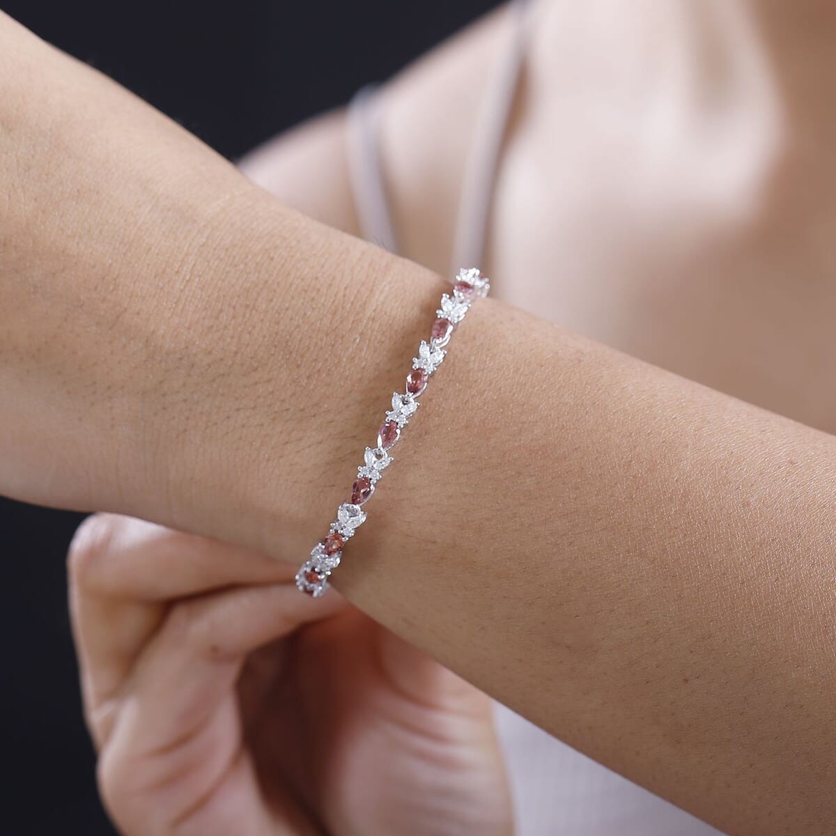 AMAZING!! 7.70ctw Blush Garnet & Moissanite Tennis Bracelet Rhodium Plated 8.00″
