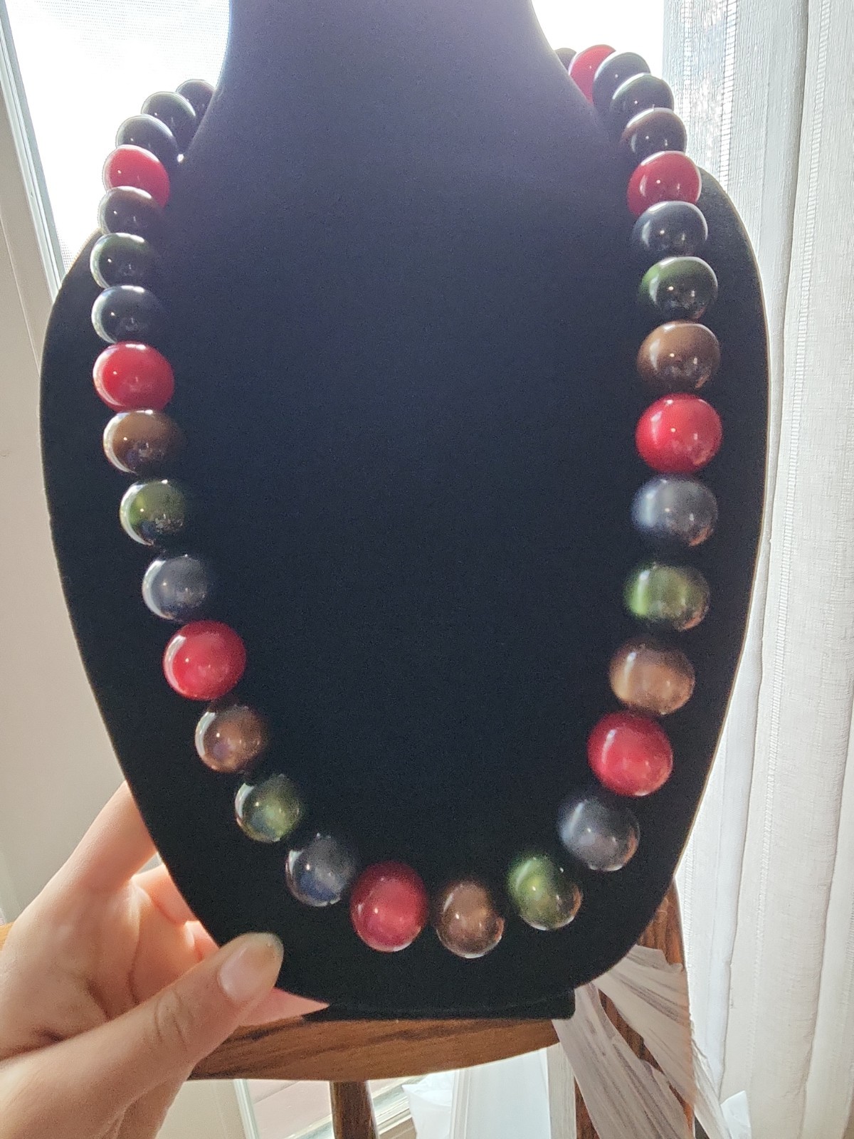Moonglow Glass Beaded Chunky Necklace Brown Green Blue and Red Shiny