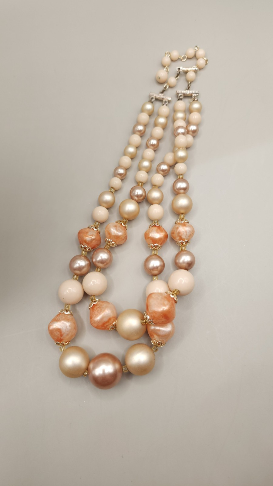 Vintage 1950s Japan Double Strand Bead Choker Necklace Peach Pink Faux Pearl MCM