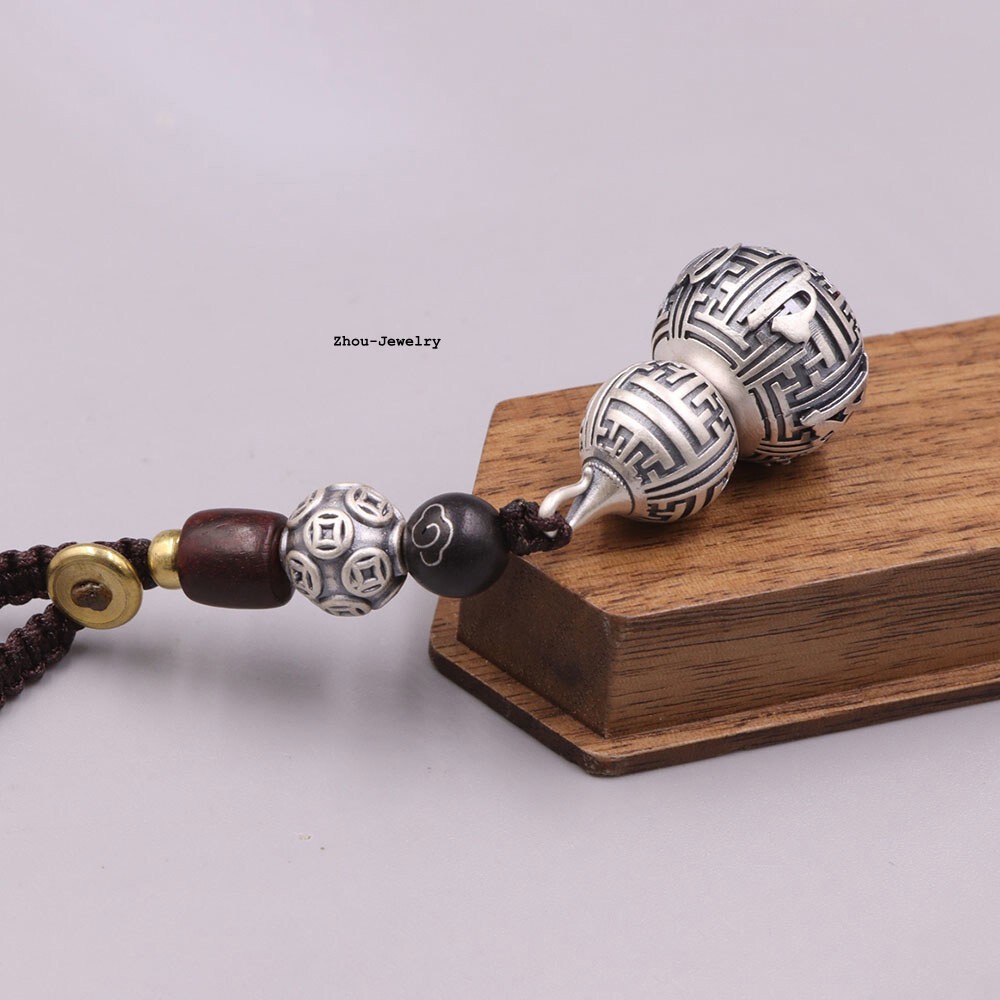 Real 999 Fine Silver Pendant Buddhist Sutra Gourd Shaped Amulet Netsuke 15-17G