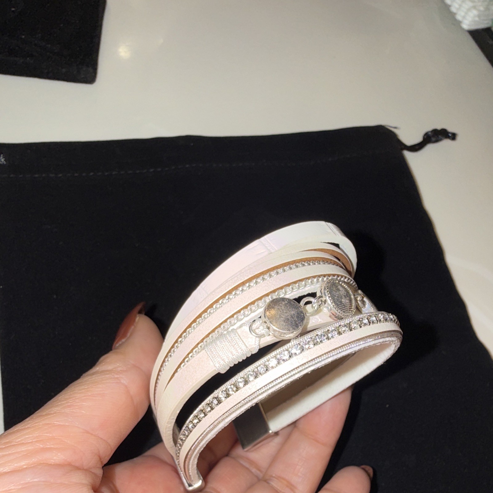 White Faux Leather Multi-Strand Wrap Cuff Bracelet, Clear Crystal, Magnetic