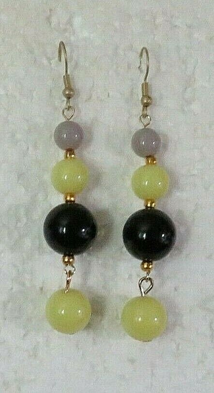 Yellow Black Gray Beaded Drop Yellow Accent Bead Drop 2″ Dangle Hook Earrings