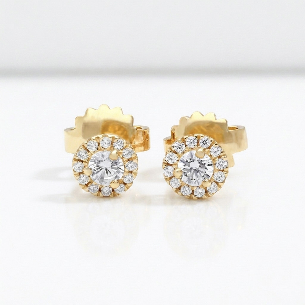 14K Solid Gold 0.50 CT Round Lab Grown Diamond Halo Stud Pushback Fine Earrings