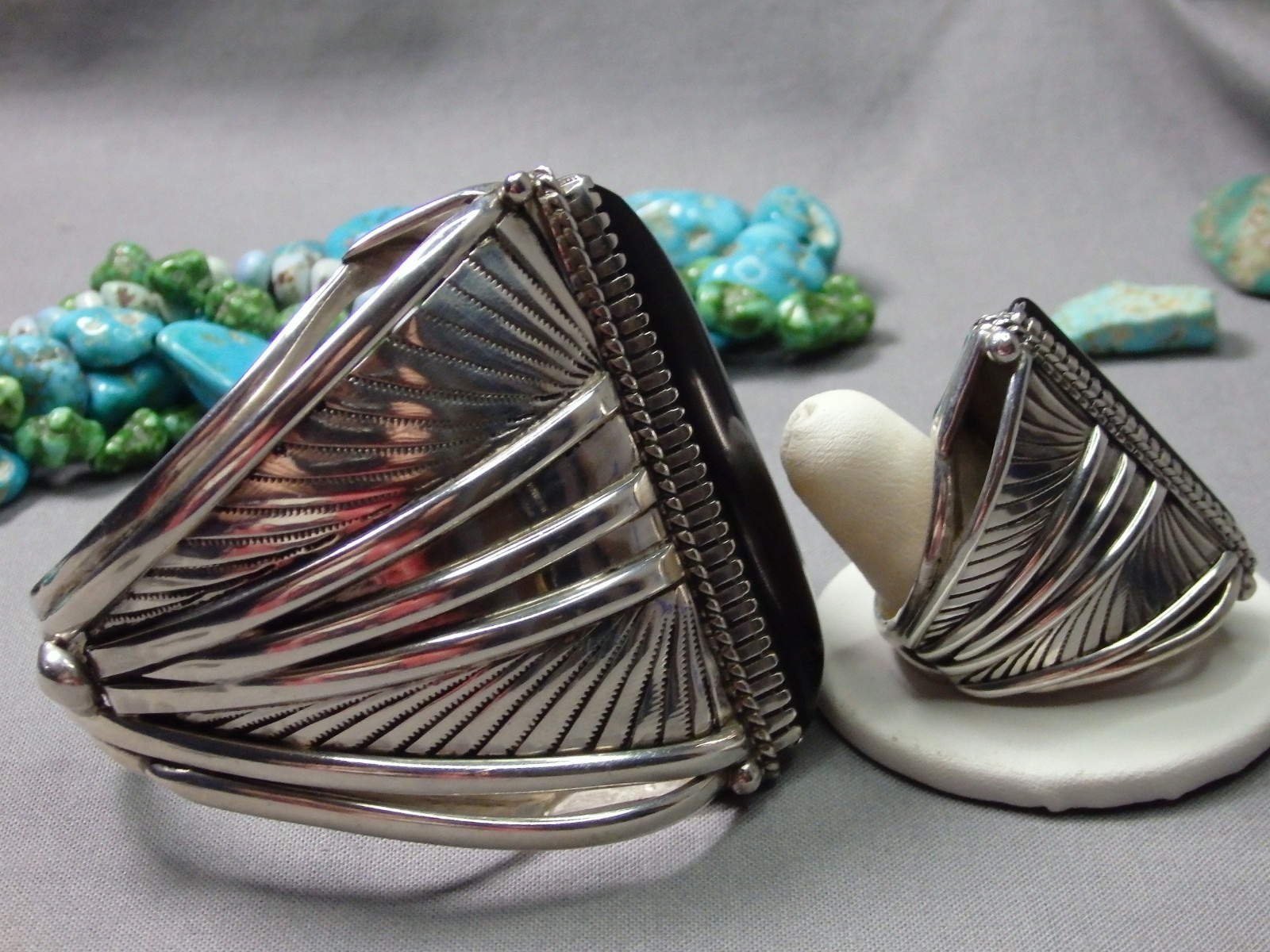 NAVAJO Yazzie Black ONYX Sterling Silver 114g 7″size Cuff & 36g Ring sz8.5 RARE