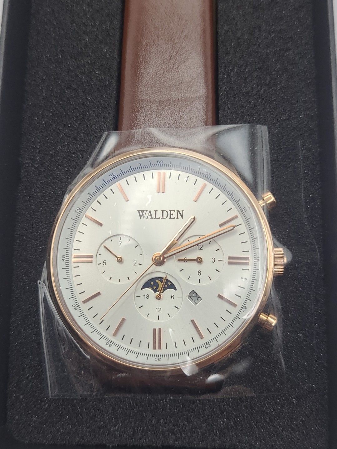 Walden 38mm Moon Phase Men Watch Quartz Rose Gold Tone Brown Band Date New