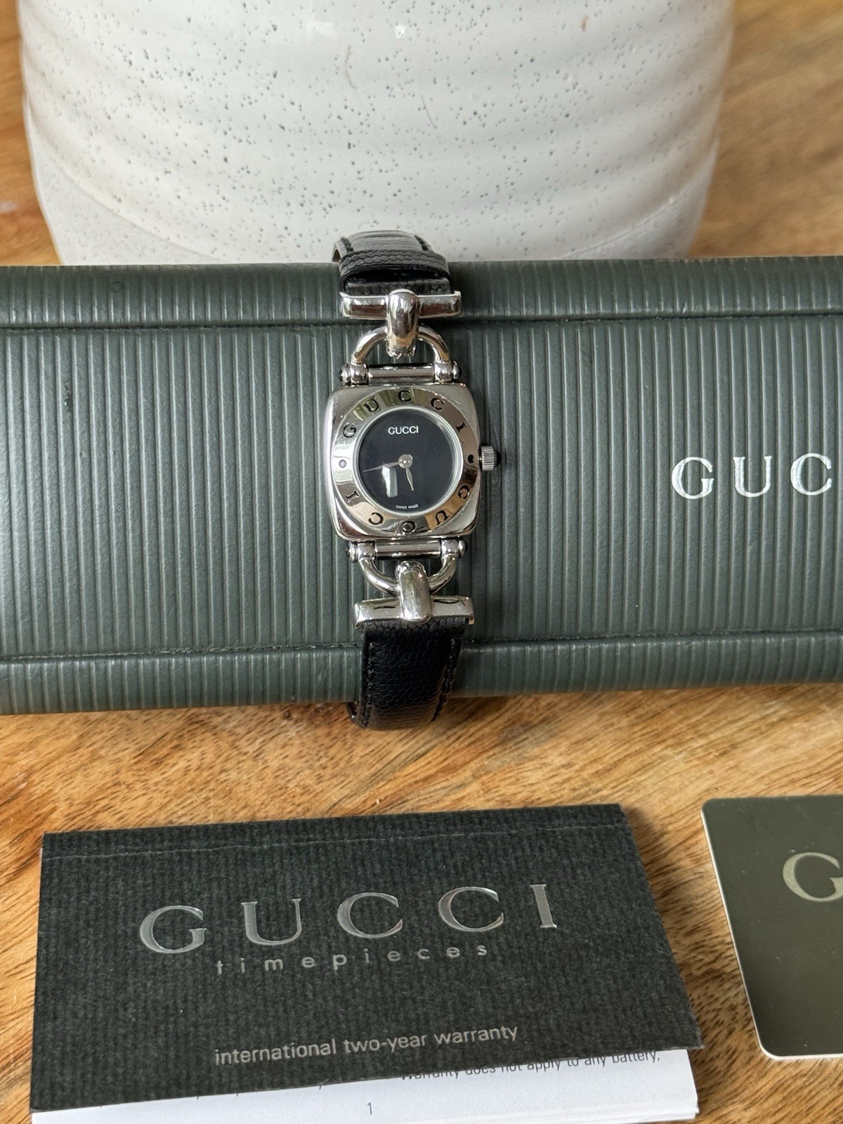 Vintage Gucci Silver and Black Round Dial Link Bracelet Watch with Box & Papers