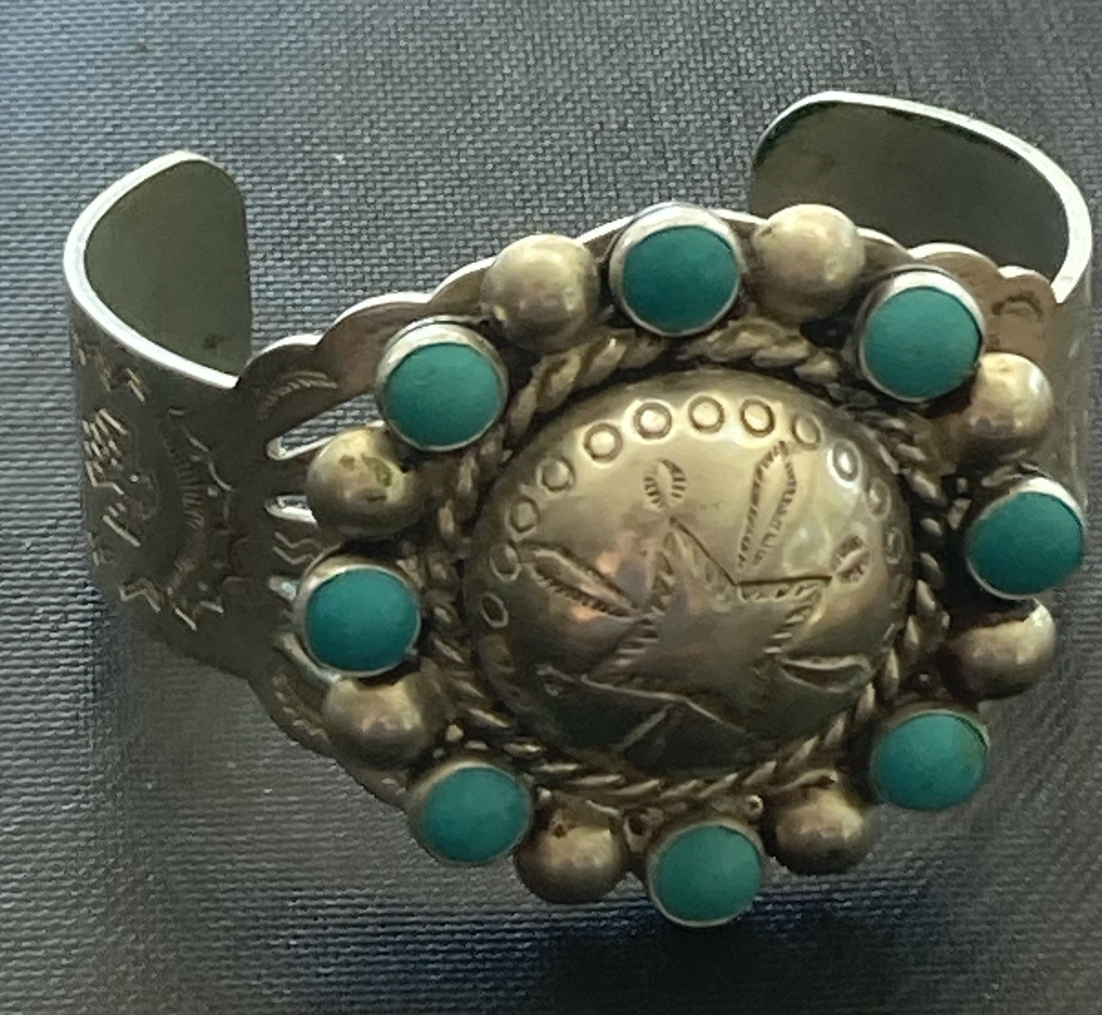 Vintage Bracelet Nickel Silver Faux Turquoise Cuff Stamped BELL TRADING POST