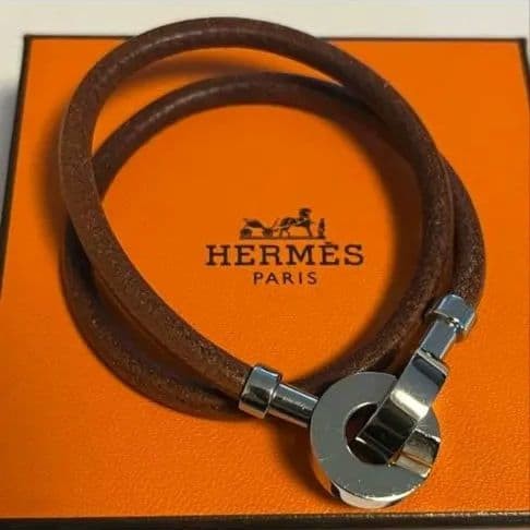 HERMES Lancelot Choker Bracelet Brown Leather Silver Hardware Pre-owned