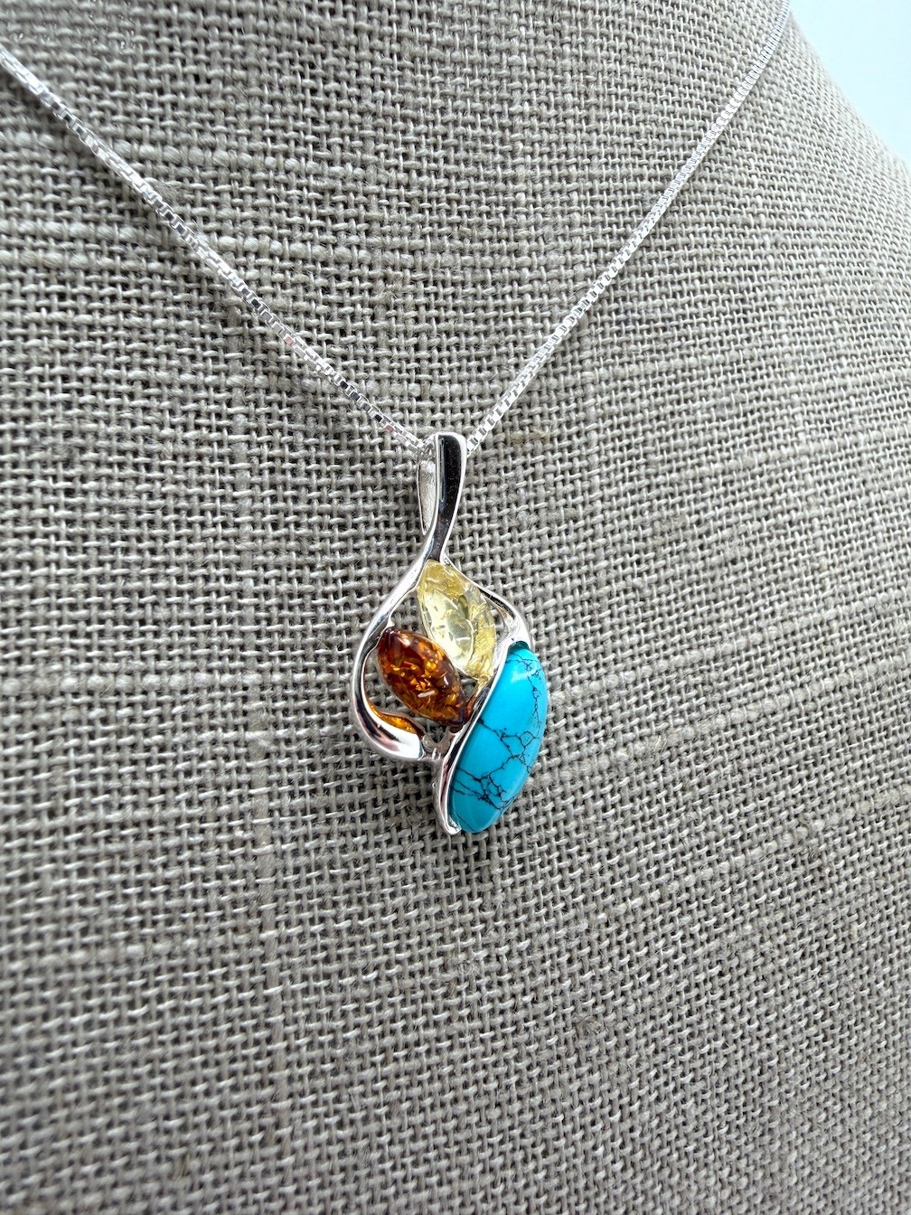 Multicolor Baltic Amber & Turquoise Pendant on Silver Chain