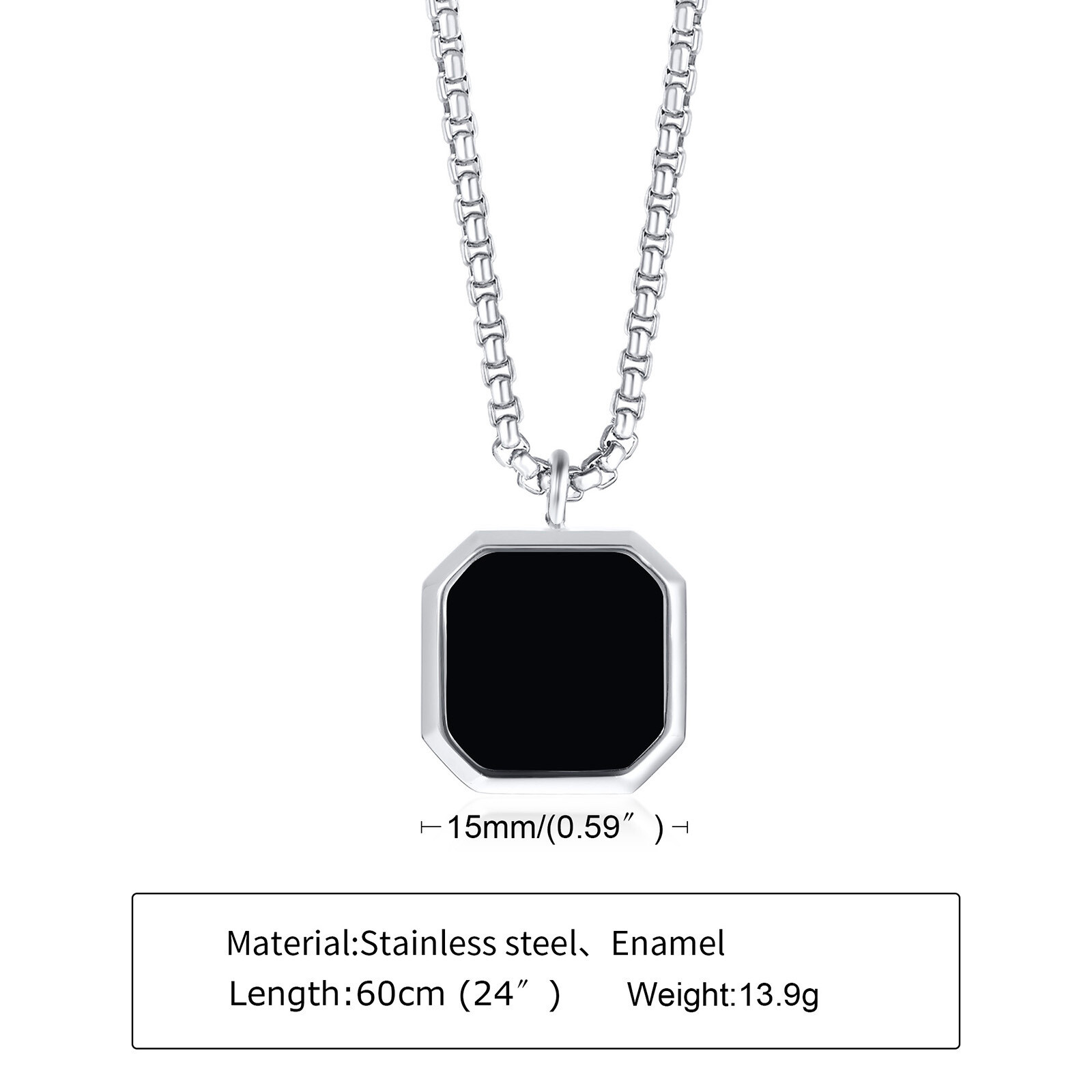 White Shell Black Enamel Square Pendant Necklace Stainless Steel with 60cm Chain