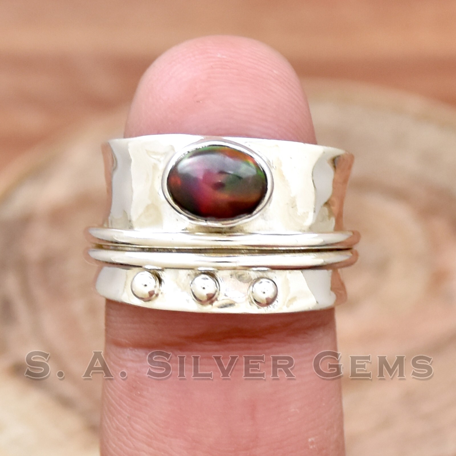 Black Opal Ring, 925 Sterling Silver, Spinner Ring, Dainty Ring, Birthday Gift