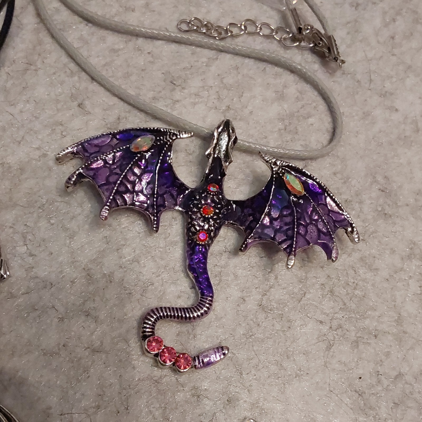 Silver Tone Purple Dragon Animal Charm Pendant Necklace Enamel Cord Adjustable