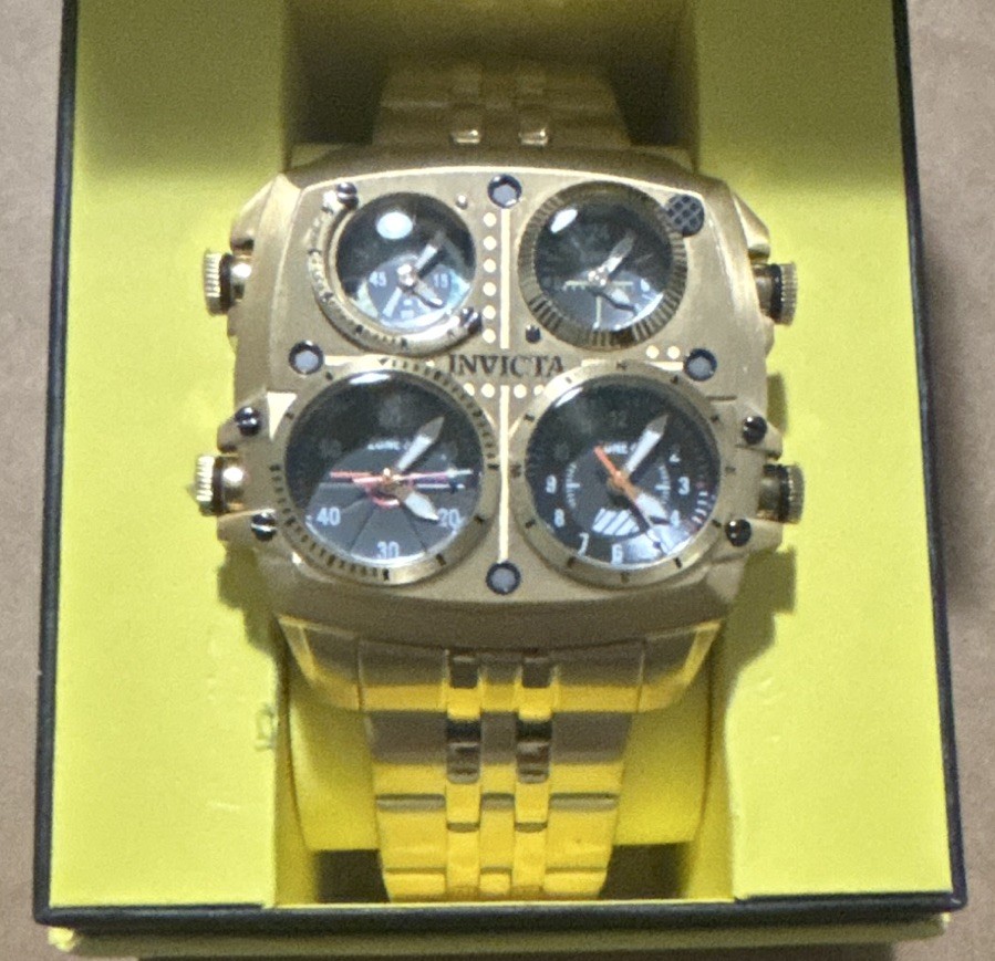 Invicta Aviator Men’s Gold Tone SS Multi Time Zone Quartz 50mm Watch w/ Box