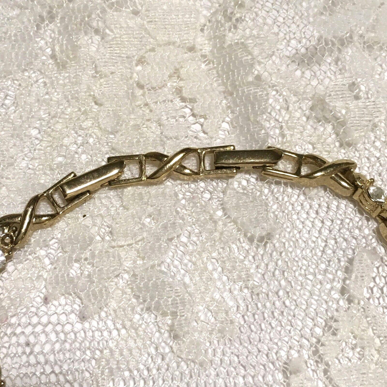 Vintage Chain Bracelet Gold tone X Link Avon Clear Rhinestones Fold over 8″