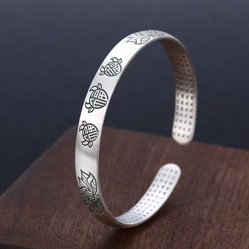 Pure S999 Fine Silver Bracelet Lucky Fu Cow Open Bangle 30-31g ID:56mm