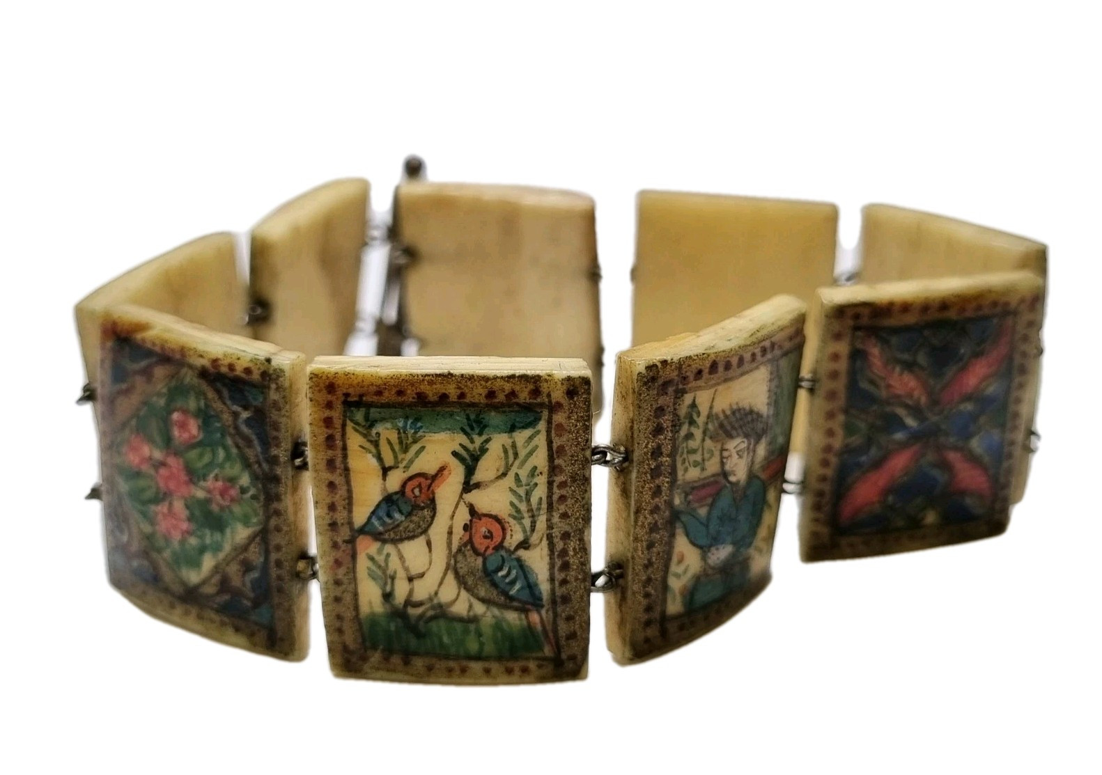 Antique Eastern European Folk Art Bone Panel Bracelet, Sterling Silver, c.1900