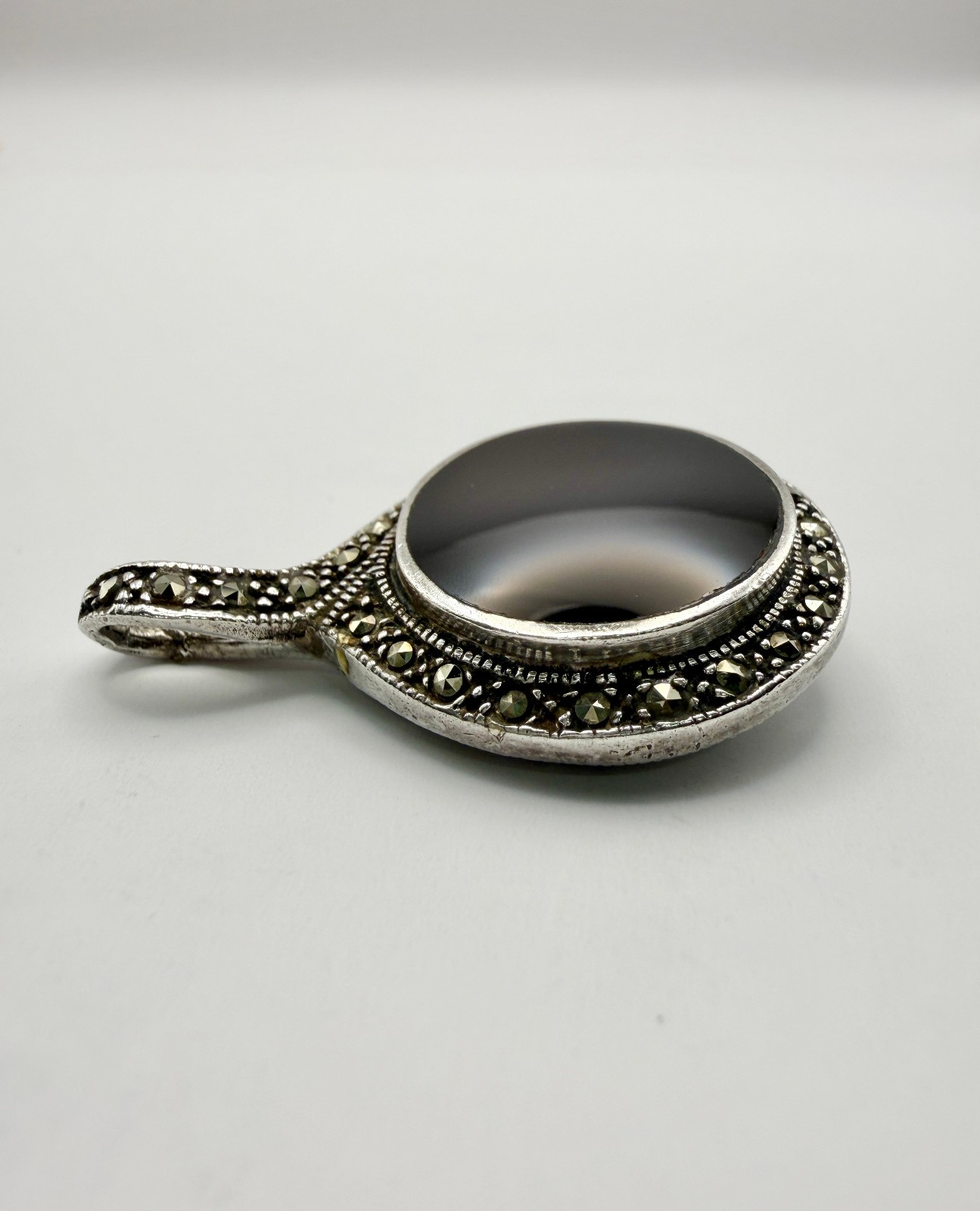 Vintage Double Sided 925 Sterling Silver Black Onyx & Marcasite Pendant