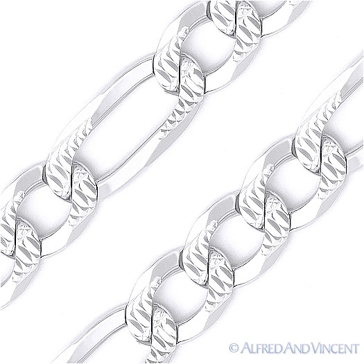 5mm Figaro Link Chain Diamond-Cut Pave Bracelet Solid .925 Italy Sterling Silver