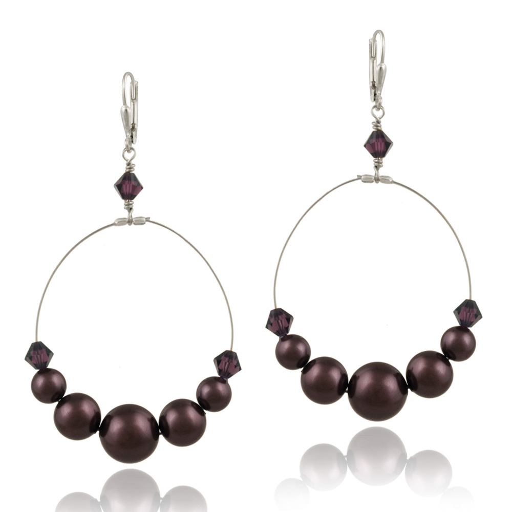 925 Silver Burgundy Crystal & Pearl Dangle Wire Earrings