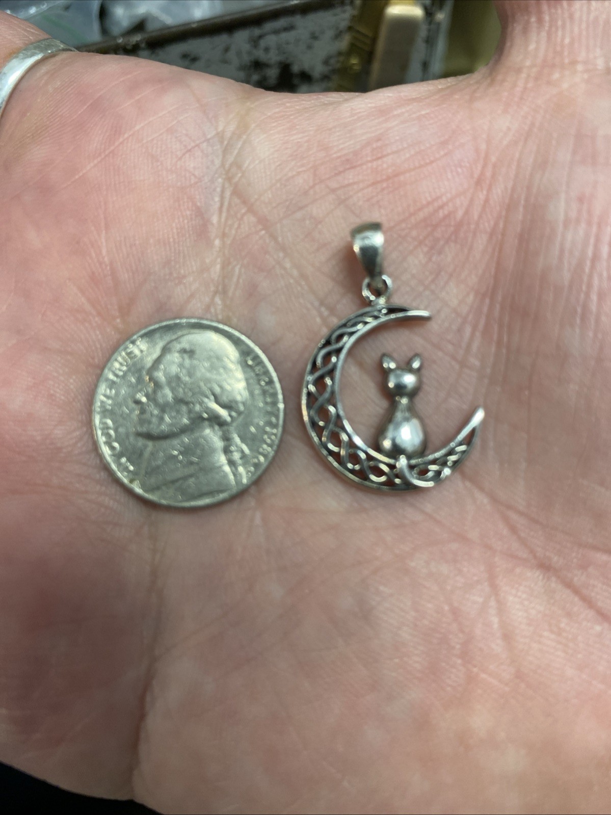 Sterling Silver Crescent Moon Cat Pendant – Celtic Weave Design