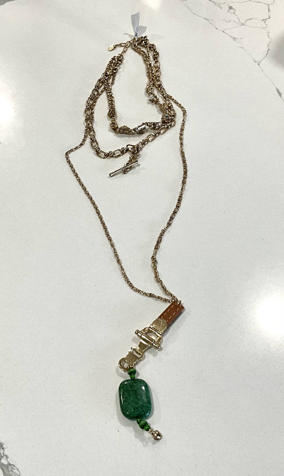 Free People Winlet Layer Necklace Gold Tone Mixed Long 3 Layers Green Stone NWT