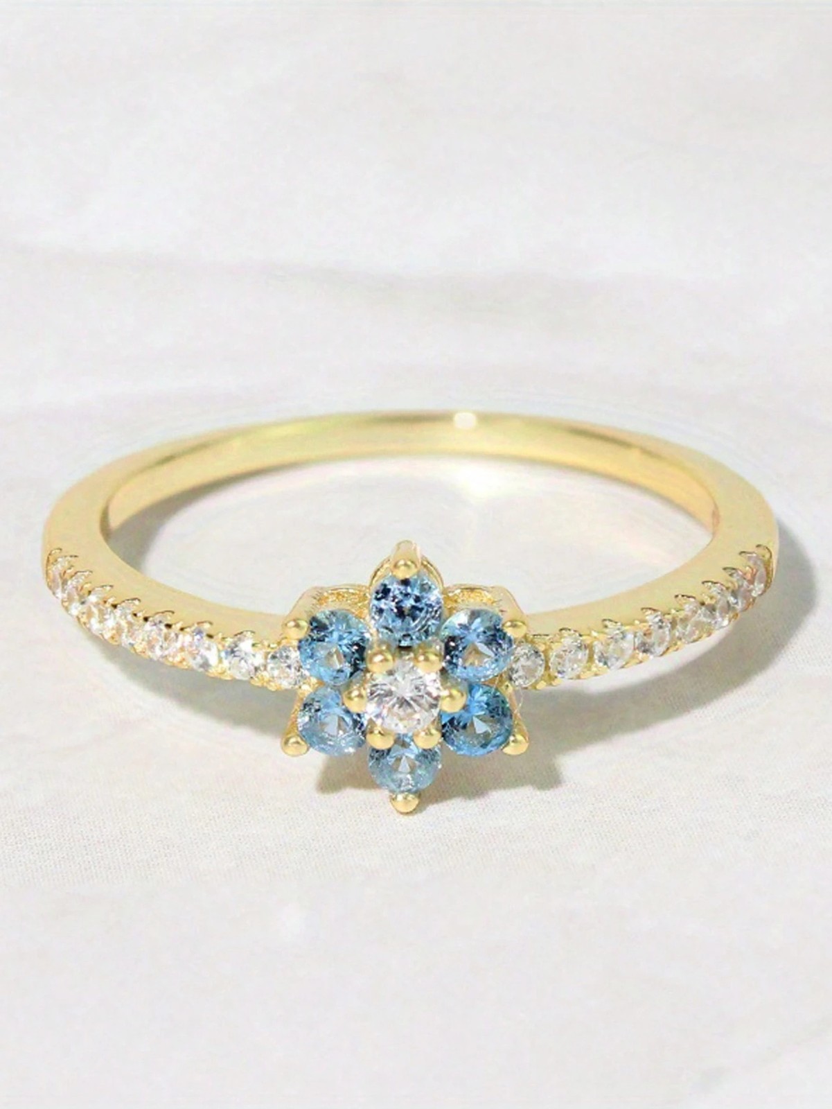 Dainty Blue Flower CZ Promise Ring Gold Tone Floral Engagement Band Women