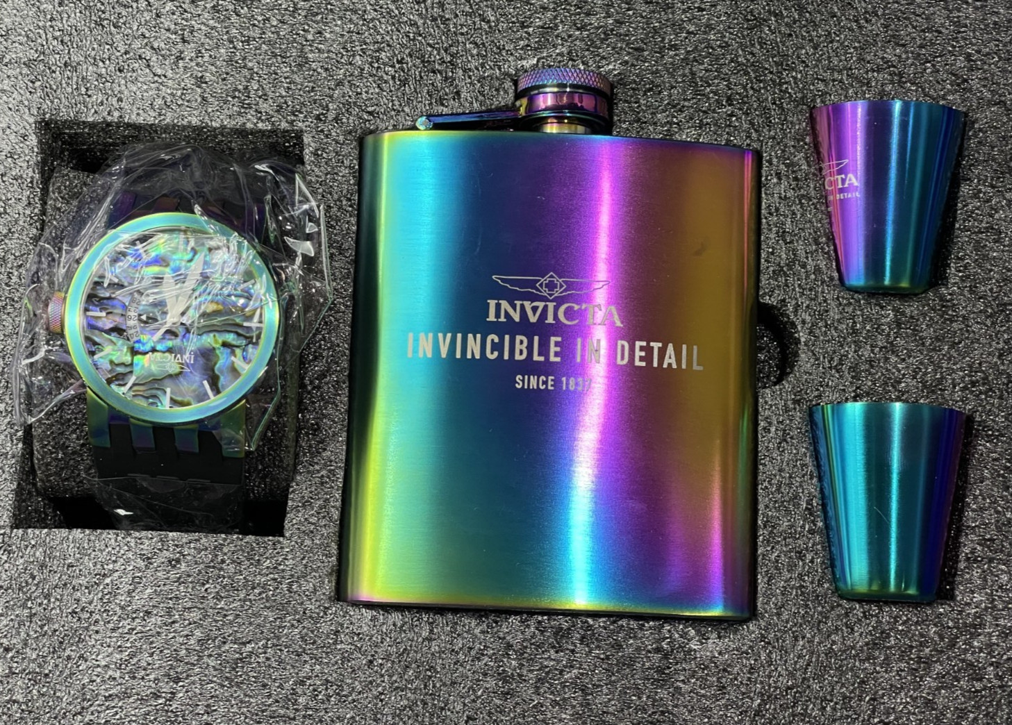 Invicta Limited Edition Iridescent / Oil Slick / Watch, Flask, Shot Glass Set