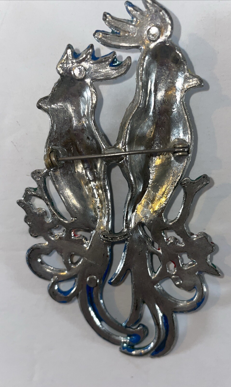 Vintage 1940s Coro Silver Tone Parrot Enamel Duette Brooch 3-3/4” Pin Unsigned
