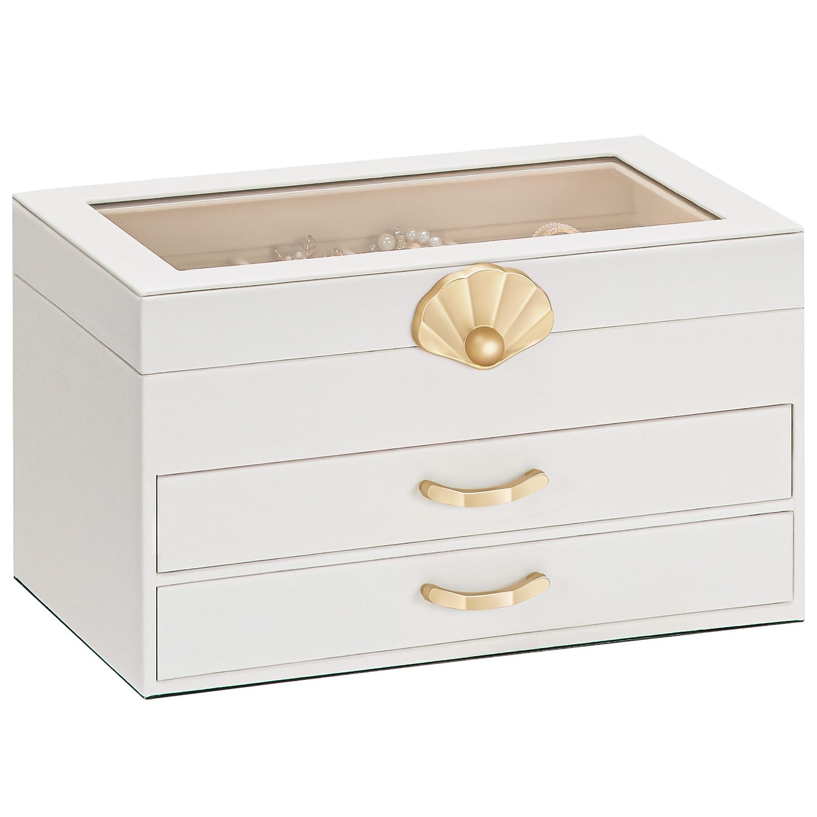 Jewelry Box 3 Drawers Glass Lid Leather Organizer Storage Display White Gift