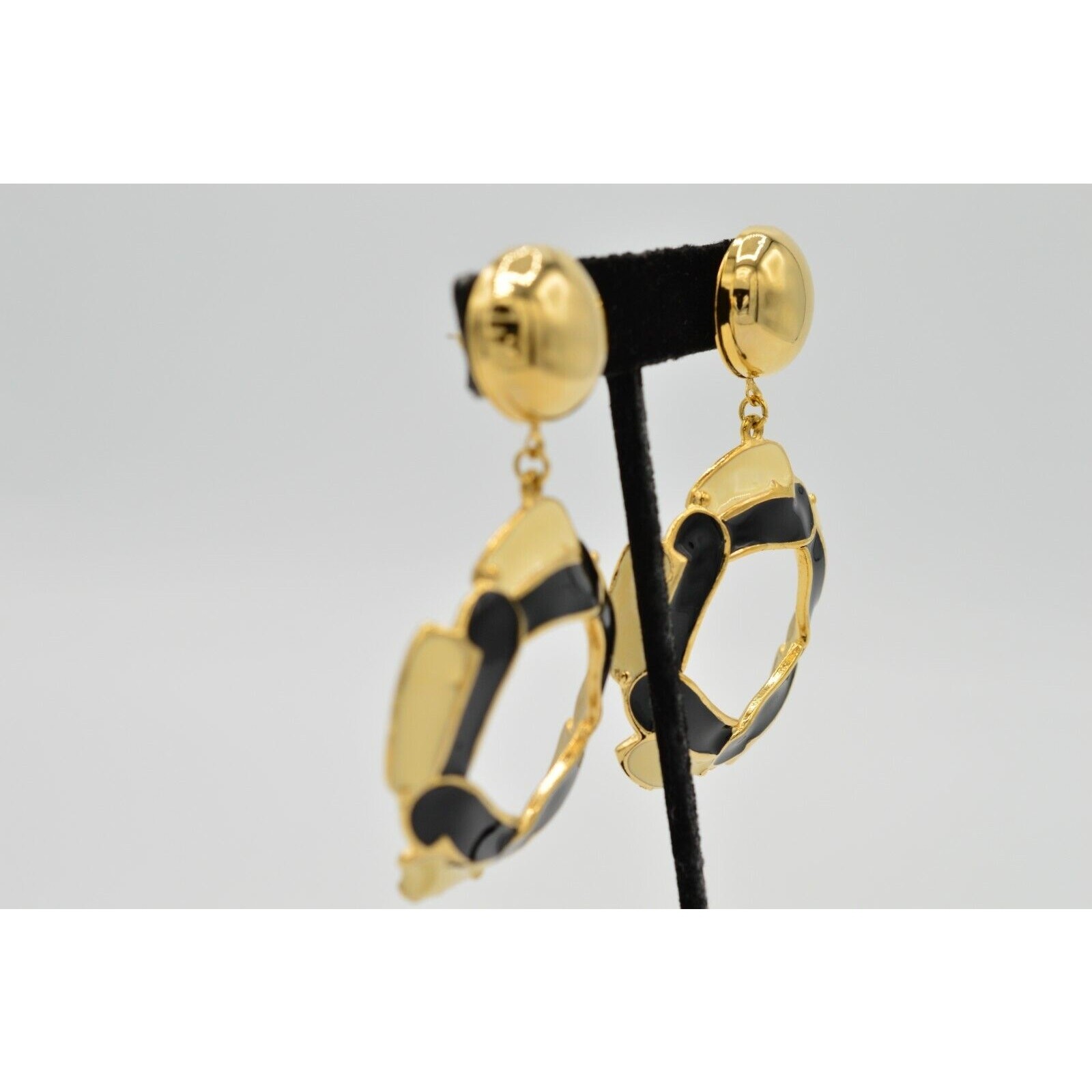 Vintage Statement Earrings Big Chunky Dangle Gold Black Cream Enamel 1980s 9H