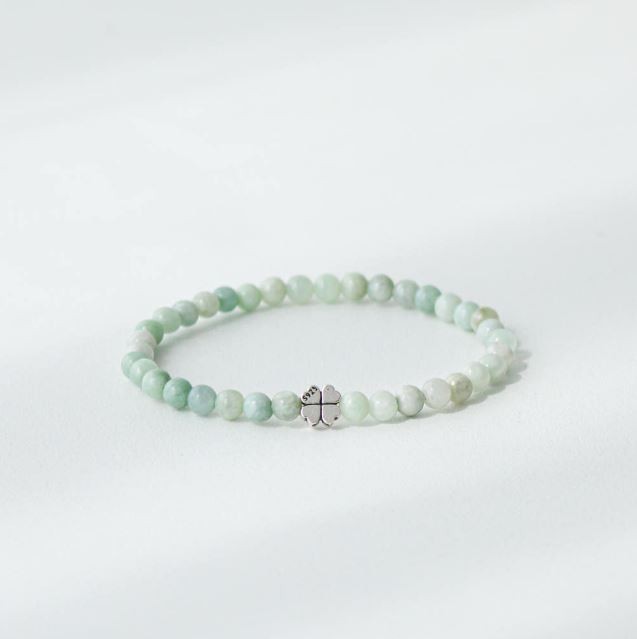 Natural Jadeite Bracelet 4mm 925 Silver Four Leaf Clover Lucky Talisman Beads