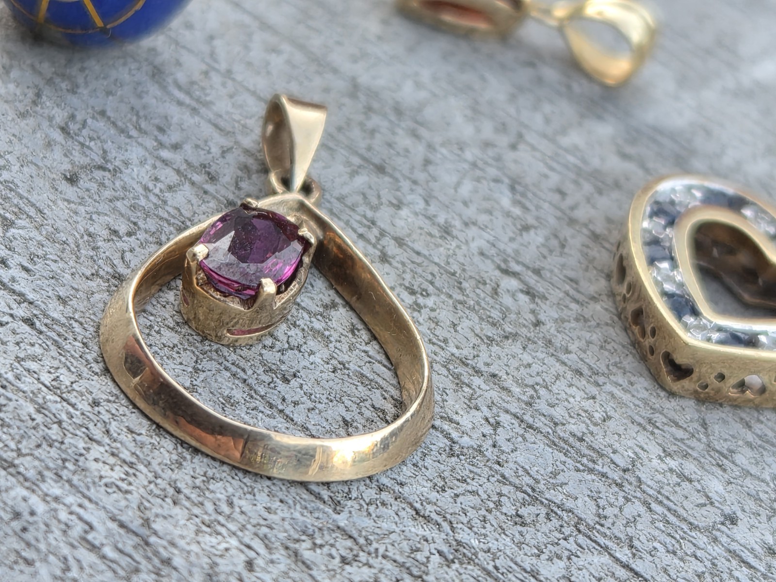 Lot 4 Pendants 10K – 14K Dimaonds Sapphires Rhodolite Garnet Ruby Lapis