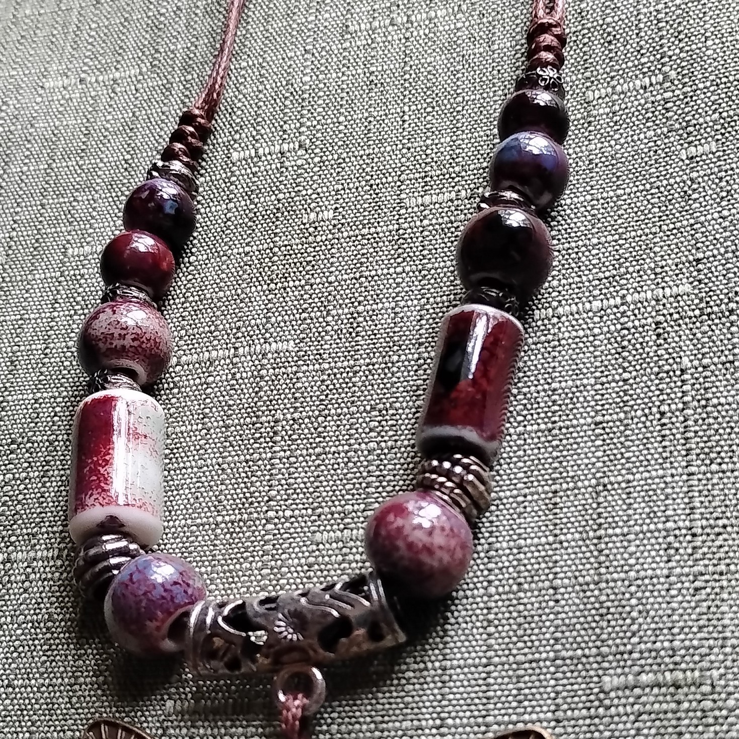 Purple Glass Beaded Cord Necklace Butterfly Charm. 3099
