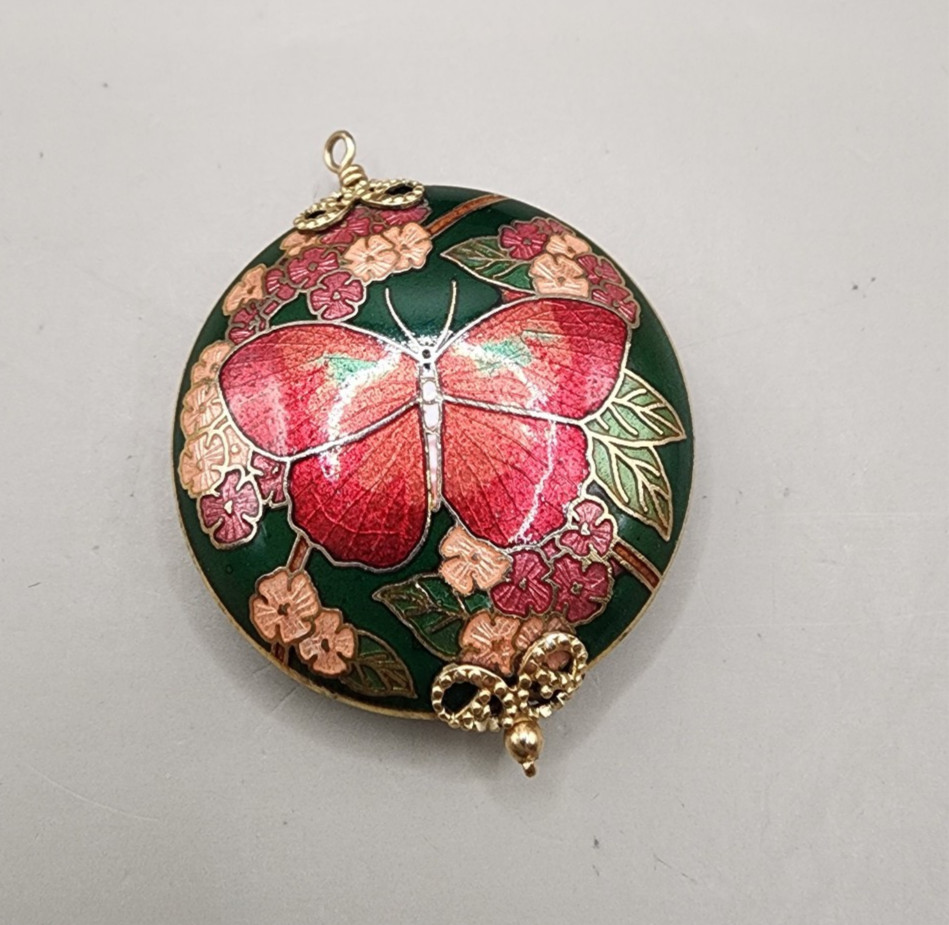 Vintage Cloisonne Enamel Butterfly Pendant Round Solid Charm Floral Green 14g
