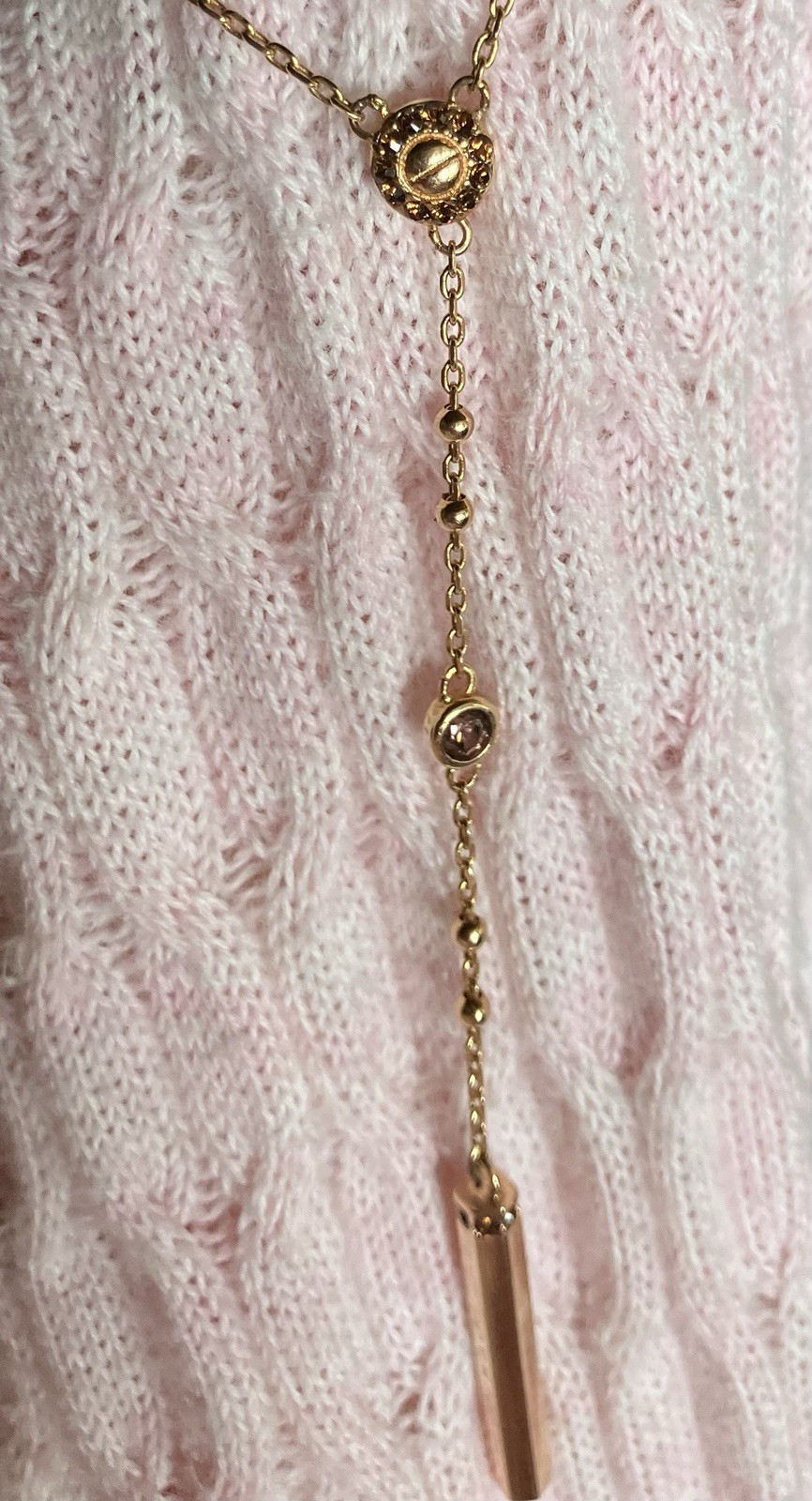 Henri Bendel Necklace Dainty Gold Toned 17inch Chain Pink Rhinestones Signed