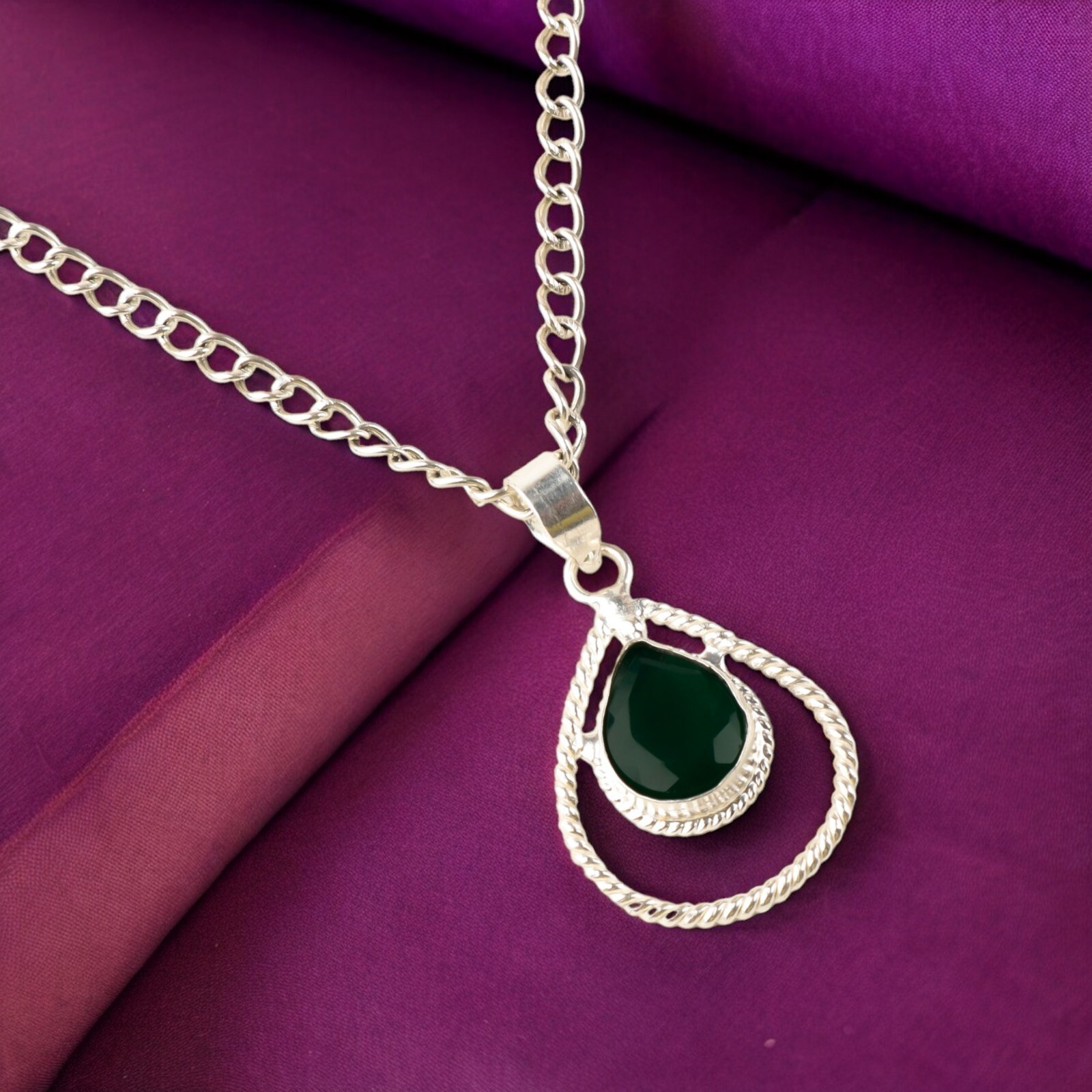 Gift For Her Green Onyx 925 Sterling Silver Dainty Gemstone Handmade Pendant.