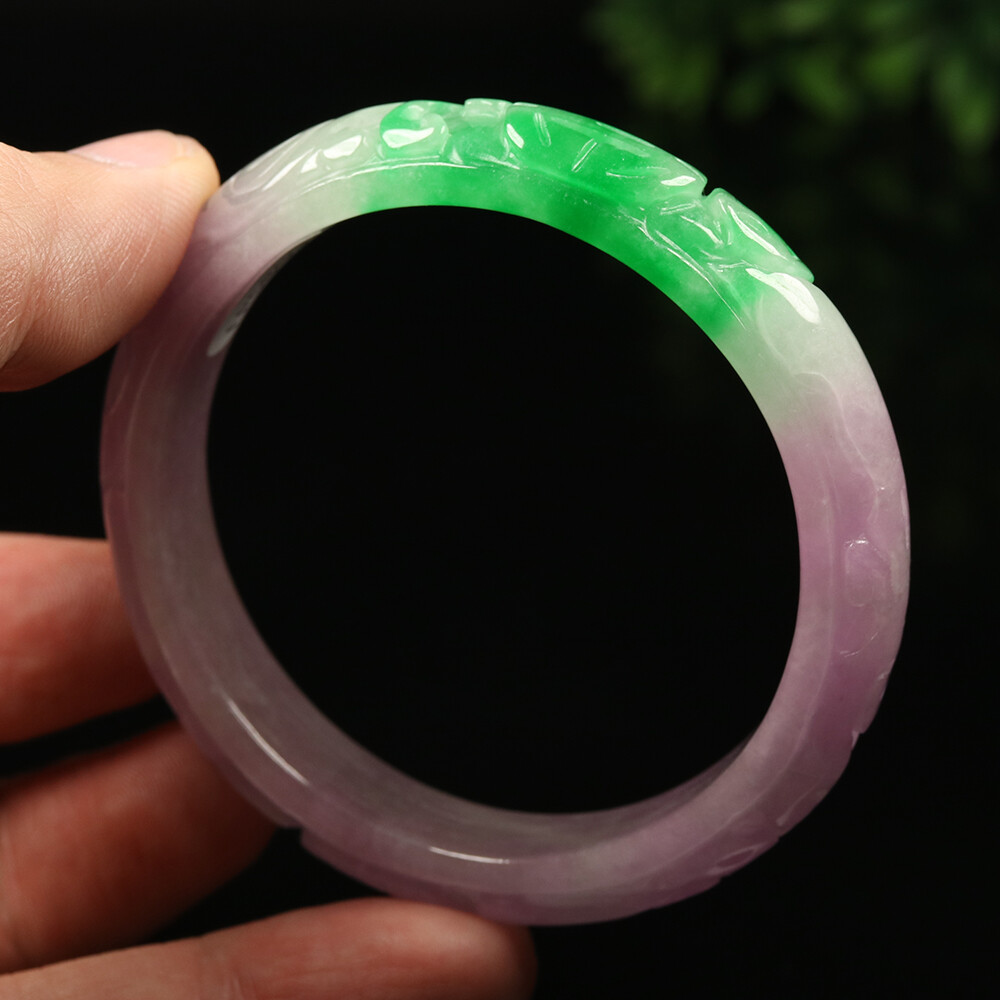 55mm Lavender Purple Green Jadeite Jade Bracelet Bangle Bat Coin 福在眼前 A-11671
