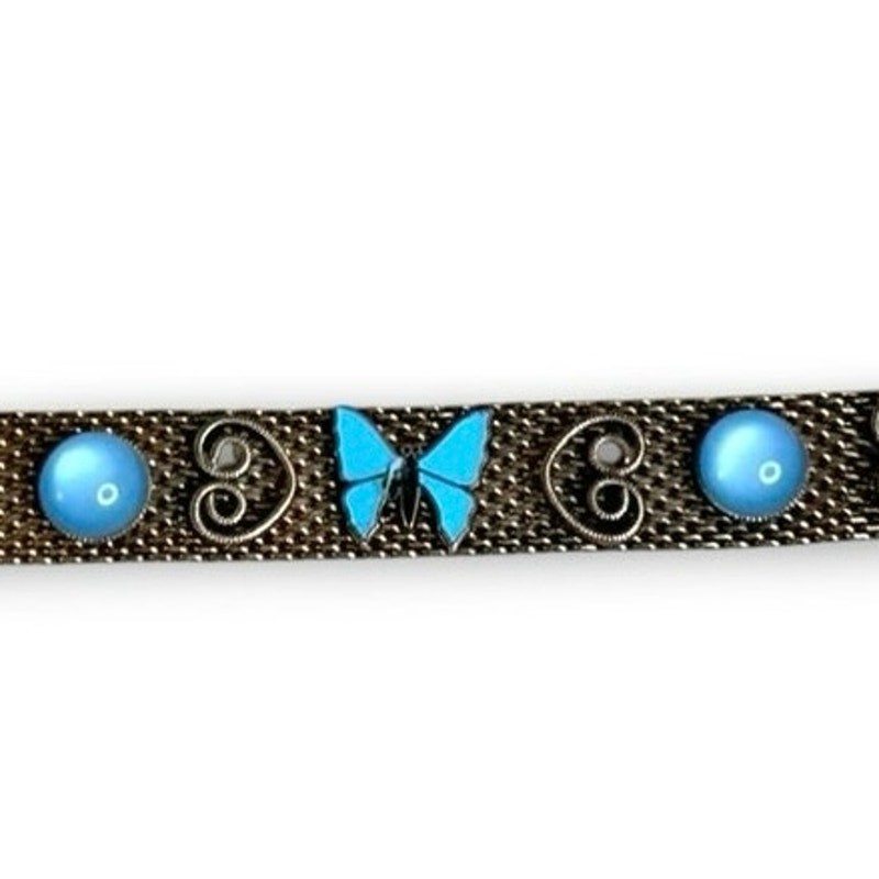 Vtg Mid Century Gold Tone Mesh Bracelet Blue Butterfly Charm Victorian Revival