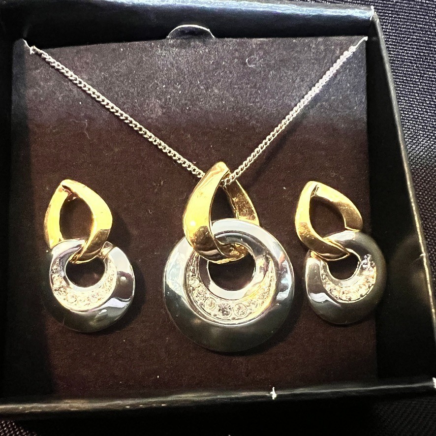 SAC Two Tone Necklace Earring Set NOS Vintage 1990s Silver Gold Tone Crystal